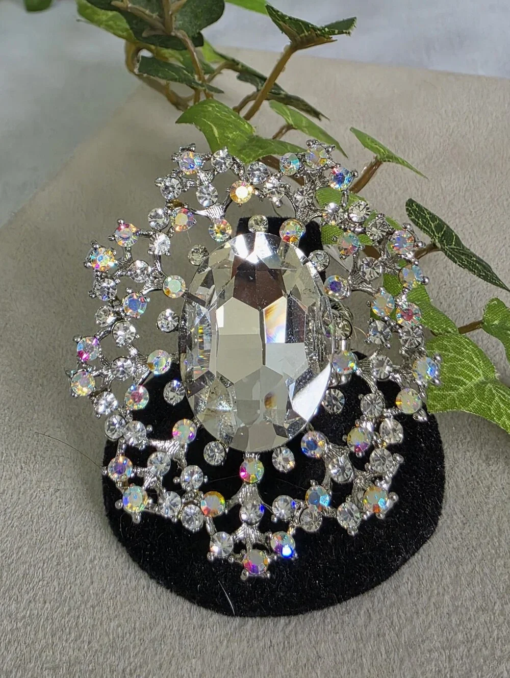 Silver Statement Stretch Ring | Oversized Crystal & AB Rhinestone Oval Cluster